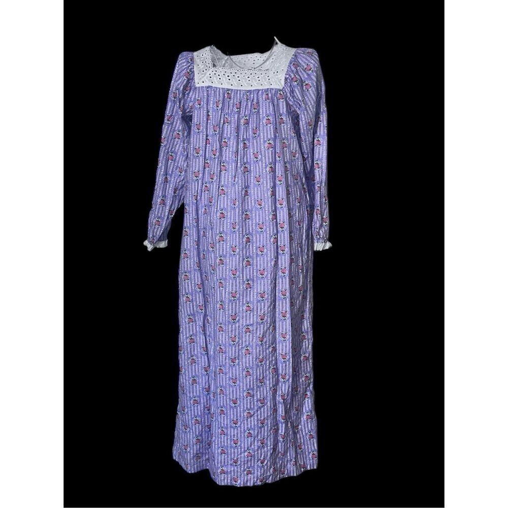 Lavender Floral Long Sleeve Nightgown with Lace Yoke
